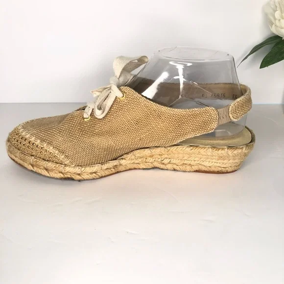 STUART WEITZMAN Canvas Gold Studded Slingback Tan Espadrille Wedge Luxury VTG - Picture 7 of 14